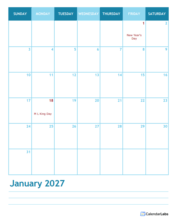 2027 Months Calendar Template