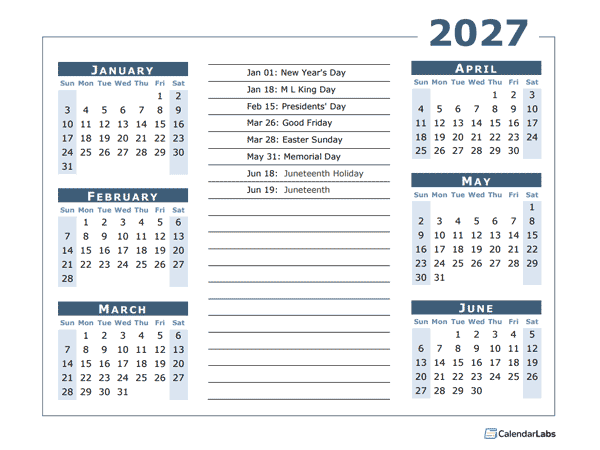 2027 Calendar Template 6 Months Per Page