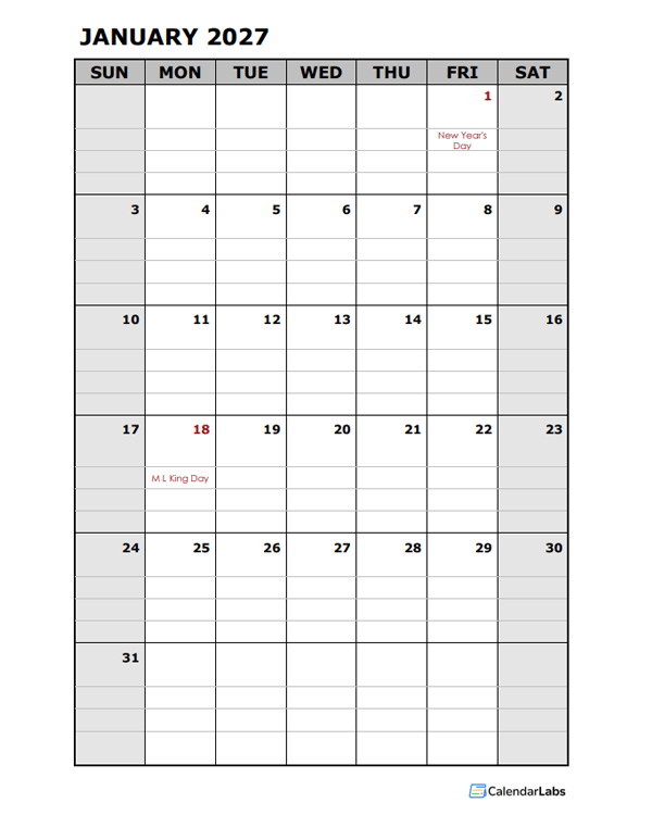 2027 Daily Planner Calendar Template