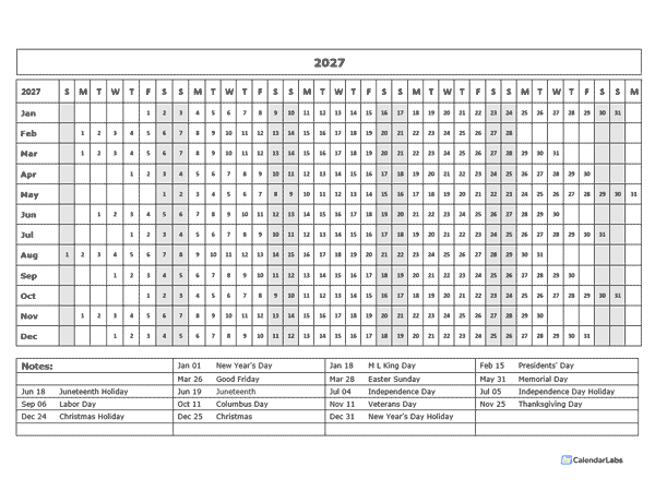 2027 Calendar Template Year At A Glance