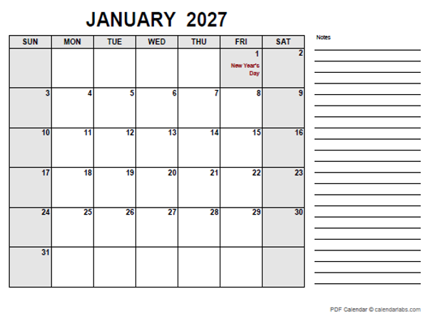 2027 Calendar with Canada Holidays PDF