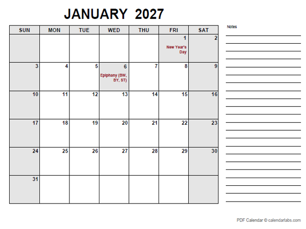 2027 Calendar with Germany Holidays PDF