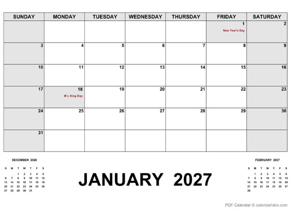 2027 Calendar With Holidays PDF