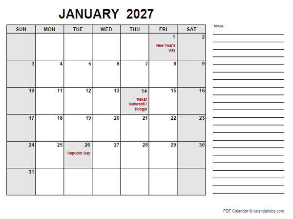 2027 Calendar with India Holidays PDF