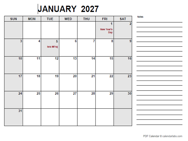 2027 Calendar with Indonesia Holidays PDF