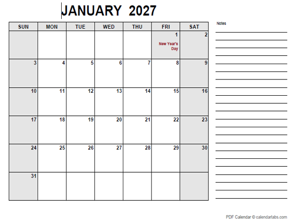 2027 Calendar with Ireland Holidays PDF