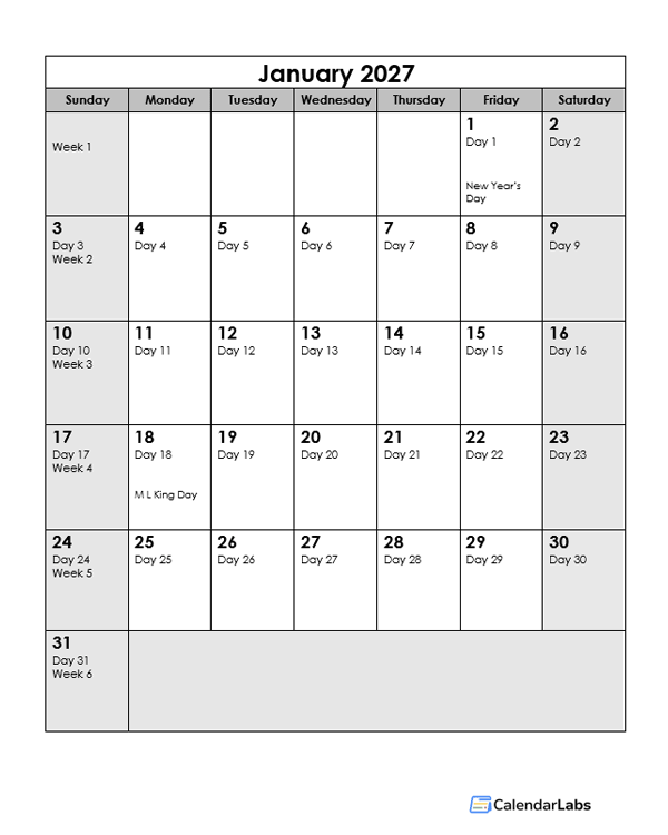 2027 Calendar With Julian Dates