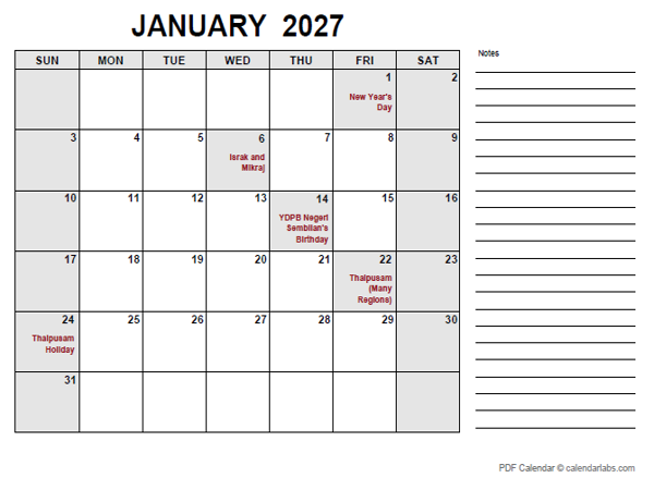 2027 Calendar with Malaysia Holidays PDF