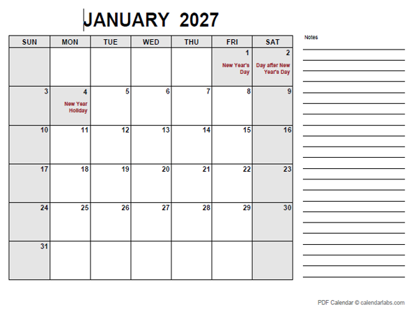 2027 Calendar with New Zealand Holidays PDF
