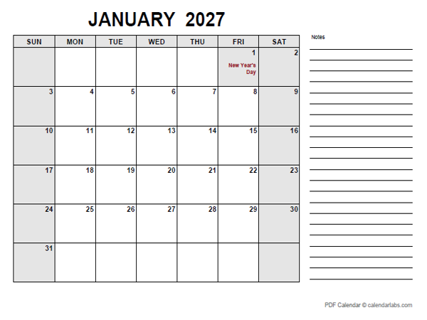 2027 Calendar with Philippines Holidays PDF