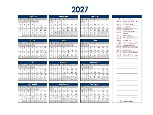 2027 Canada Annual Calendar with Holidays