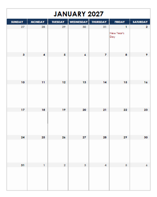 2027 Canada Calendar Spreadsheet Template
