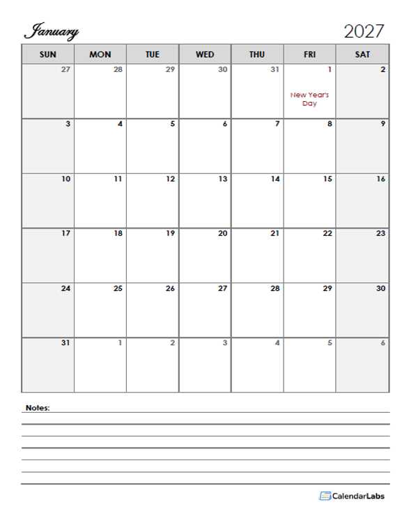 2027 Canada Calendar Template Large Boxes