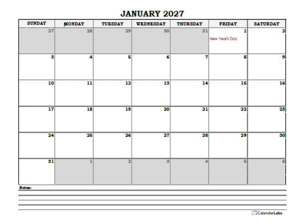 2027 Canada Monthly Calendar with Notes