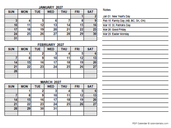 2027 Canada Quarterly Calendar with Holidays