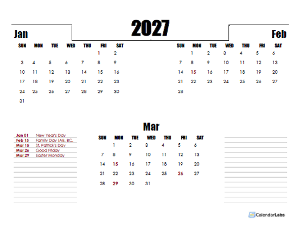 2027 Canada Quarterly Planner Template