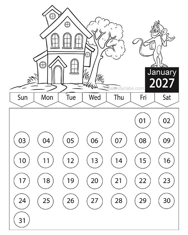 2027 Cartoon Character Coloring Calendar