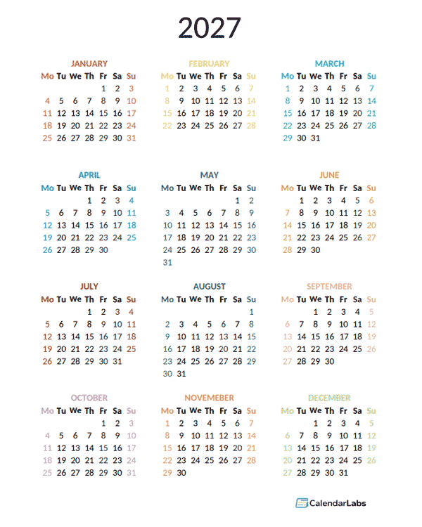 2027 Colorful Yearly Excel Calendar