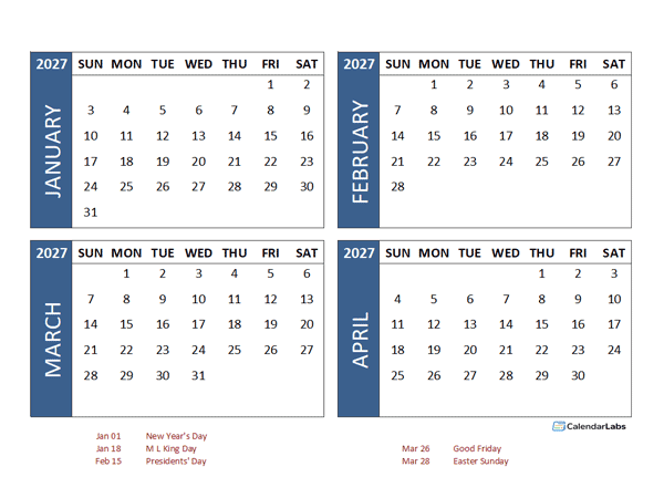 2027 Excel 4 Month Calendar Template