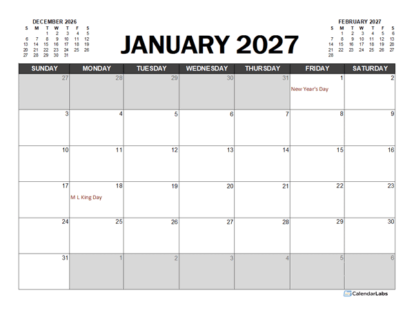 Monthly 2027 Excel Calendar Planner