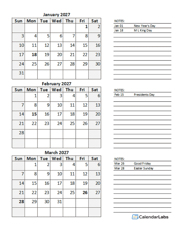 Free 2027 Quarterly Calendar Spreadsheet
