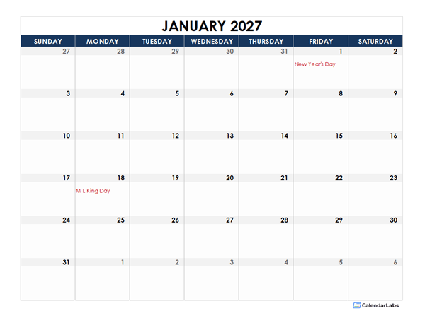 2027 Excel Calendar Spreadsheet Template