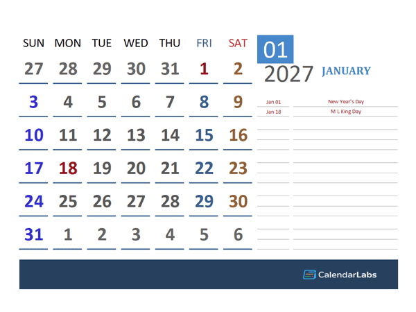 2027 Excel Calendar For Vacation Tracking