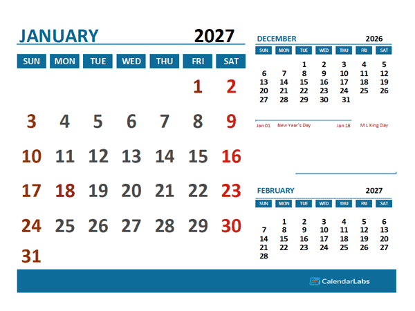 2027 Excel Calendar With Holidays