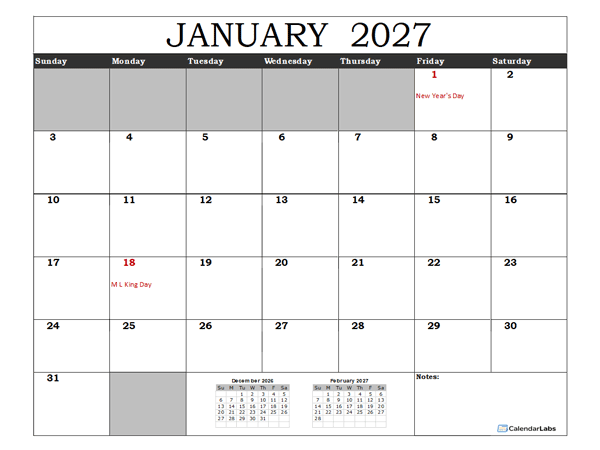 Free 2027 Excel Calendar With US Holidays