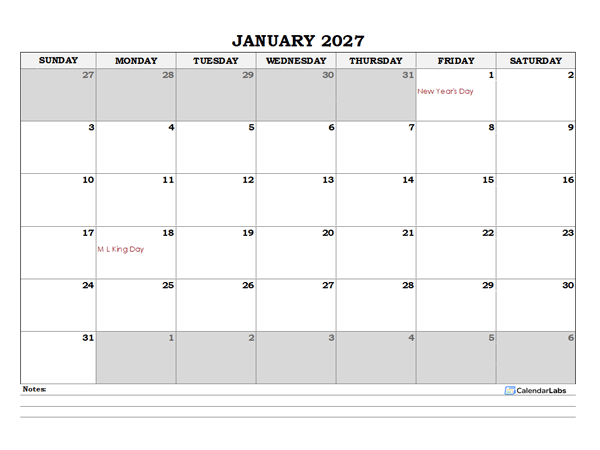 2027 Excel Monthly Calendar With Notes