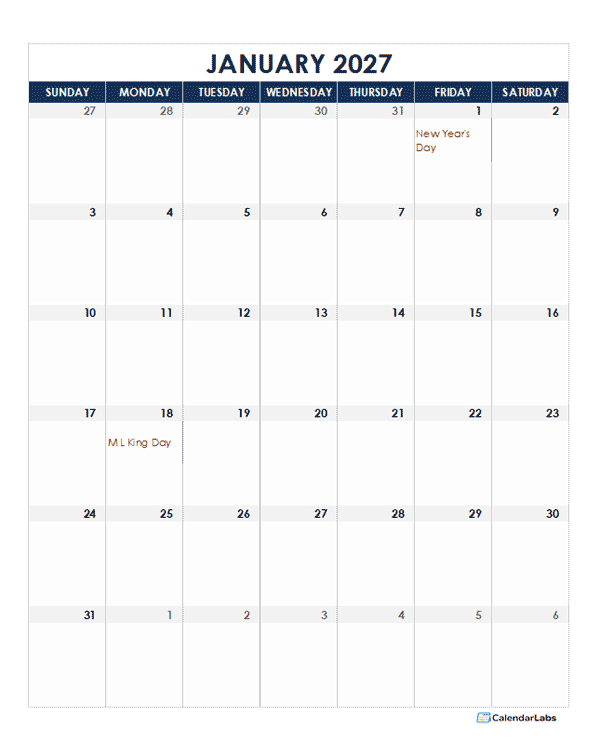 2027 Excel Monthly Calendar Template