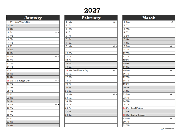 Editable 2027 Excel Three Month Calendar