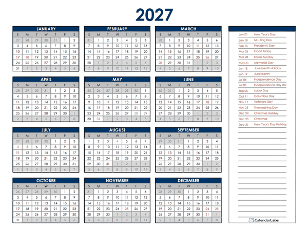 2027 Excel Yearly Calendar