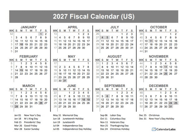 2027 USA Fiscal Quarter Calendar