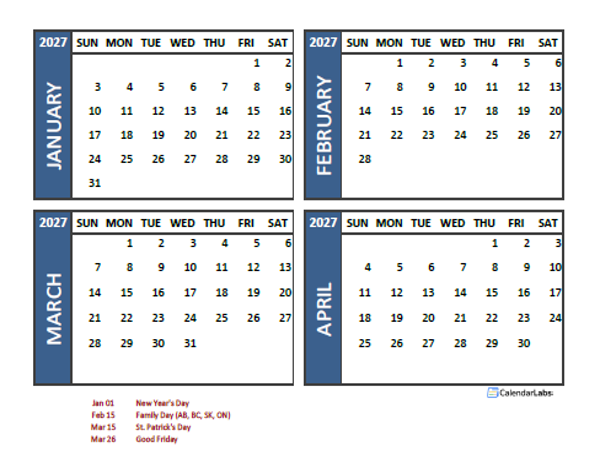 2027 Four Month Calendar with Canada Holidays