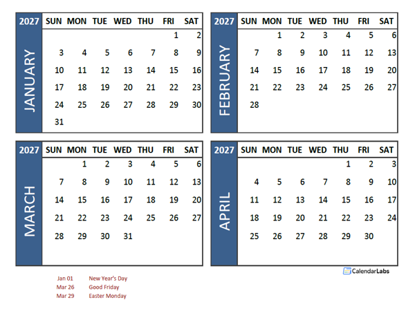 2027 Four Month Calendar with France Holidays