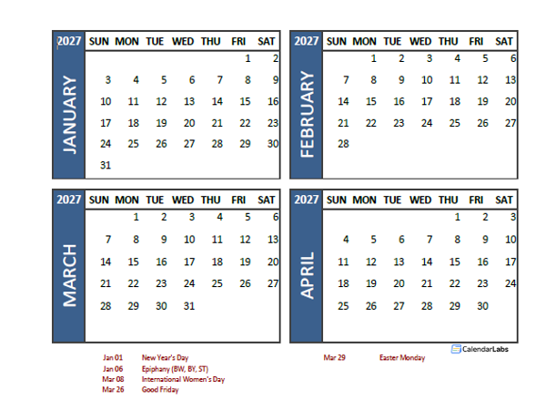 2027 Four Month Calendar with Germany Holidays