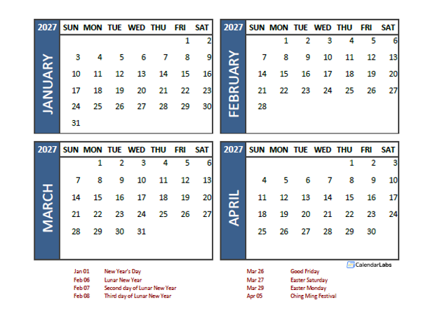 2027 Four Month Calendar with Hong Kong Holidays