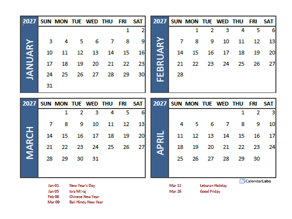 2027 Four Month Calendar with Indonesia Holidays