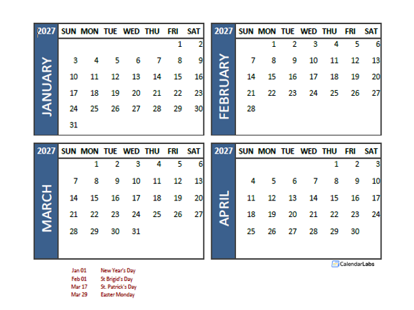 2027 Four Month Calendar with Ireland Holidays