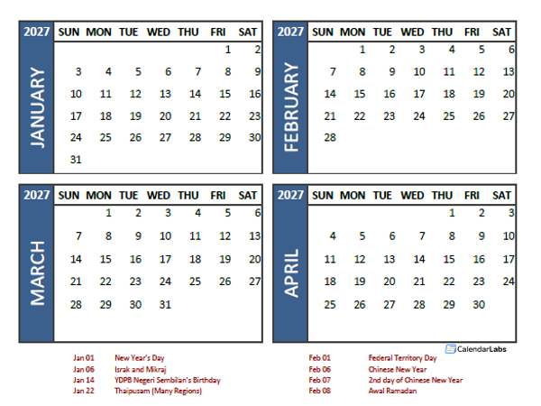 2027 Four Month Calendar with Malaysia Holidays