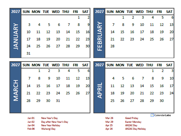 2027 Four Month Calendar with New Zealand Holidays