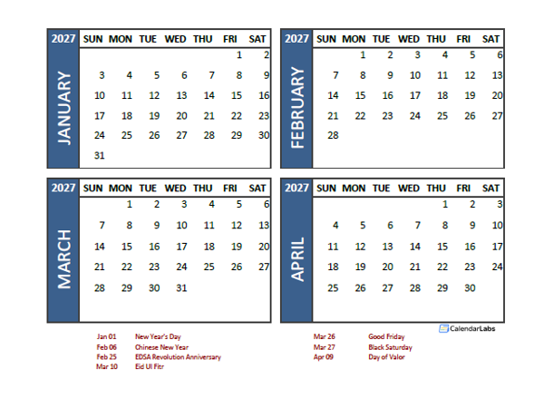 2027 Four Month Calendar with Philippines Holidays
