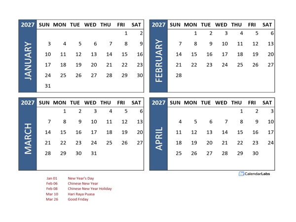 2027 Four Month Calendar with Singapore Holidays
