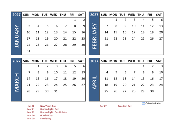 2027 Four Month Calendar with South Africa Holidays