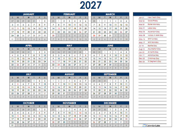 2027 France Annual Calendar with Holidays
