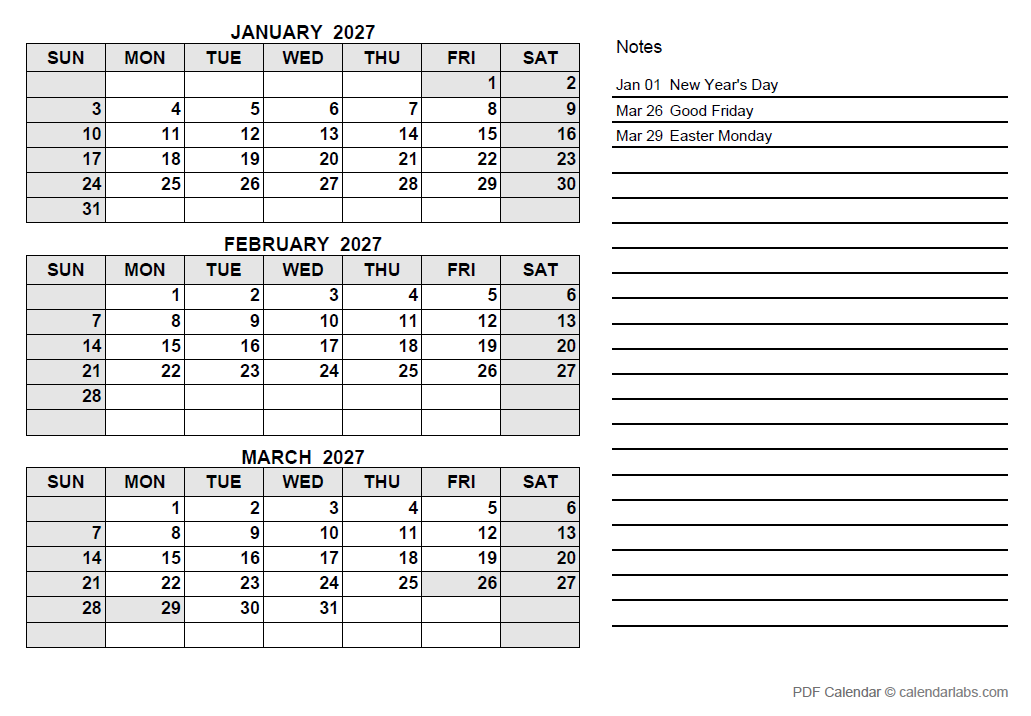 2027 France Quarterly Calendar with Holidays