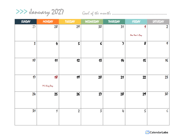2027 Free Large Wall Calendar
