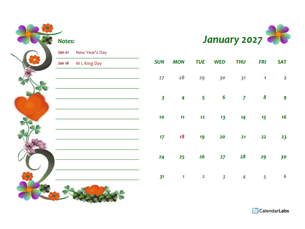 2027 Free Monthly Printable Calendar