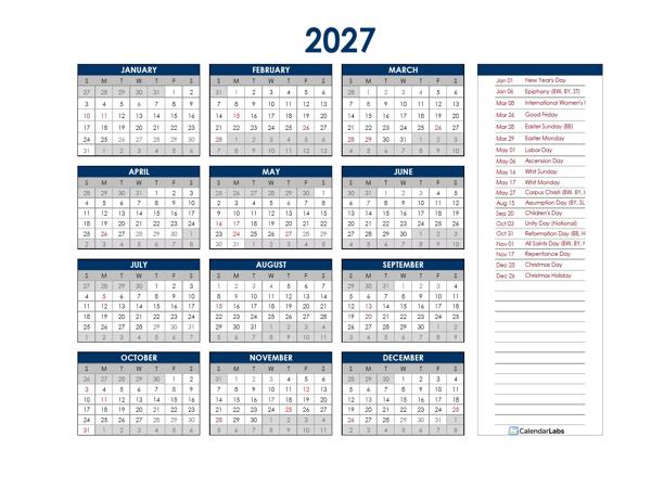 2027 Germany Annual Calendar with Holidays